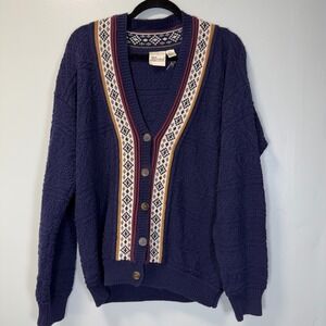 Vintage Merona Navy Blue Textured Cotton Grandpa Cardigan Fair Isle Trim‎ Small